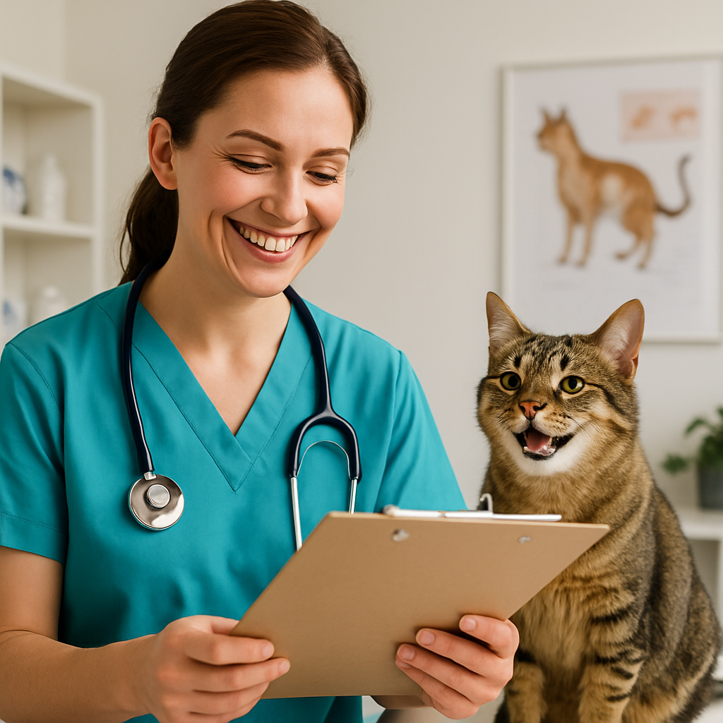 smiling vet looking at records while a cat looks on happy